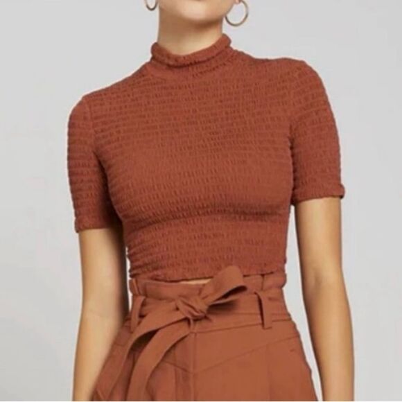 A.L.C. Tops - NWT A.L.C. Dana Smocked Top Short Sleeve Cropped in Deep Amber Brown Size S